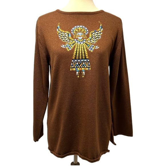 Bob Mackie Wearable Art Brown Metallic Angel Long Sleeve Tunic Top Womens Medium - Picture 1 of 10